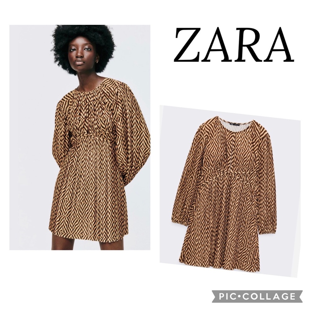 Zara Geometric Printed Brown Pleated Long Sleeve Mini Dress 5039 / 552 Sz. S